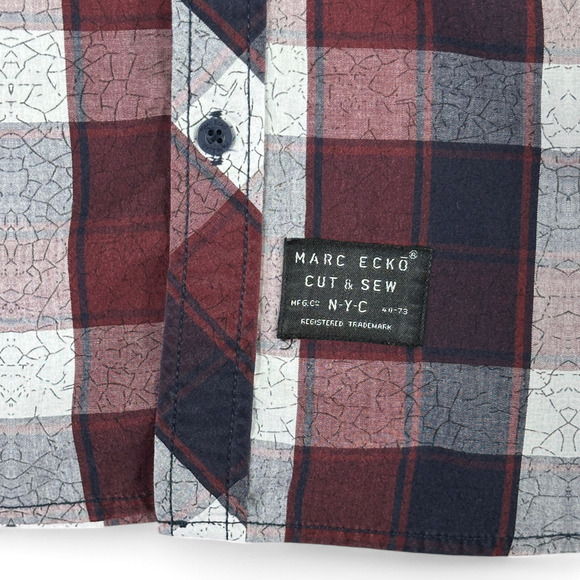 Marc Ecko Shirt Adult EXTRA LARGE Burgundy Blue Cut & Sew Plaid Pockets - Picture 9 of 11